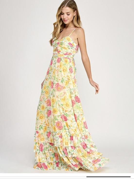 Dear Moon Dresses & Skirts - Dear MoonJuniors' Floral Ruched Cutout Gown
